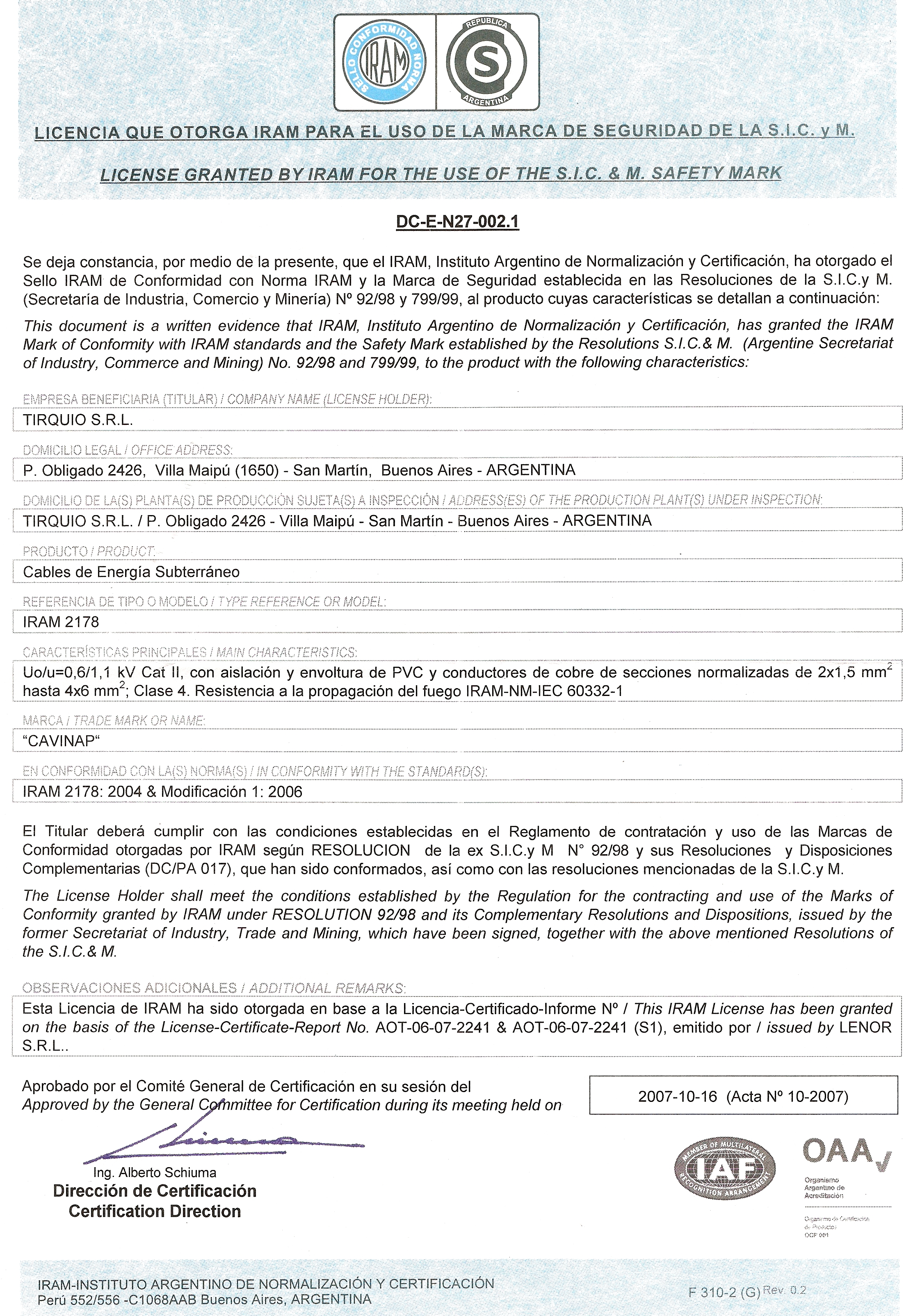 Foto del certificado del Subterráneo