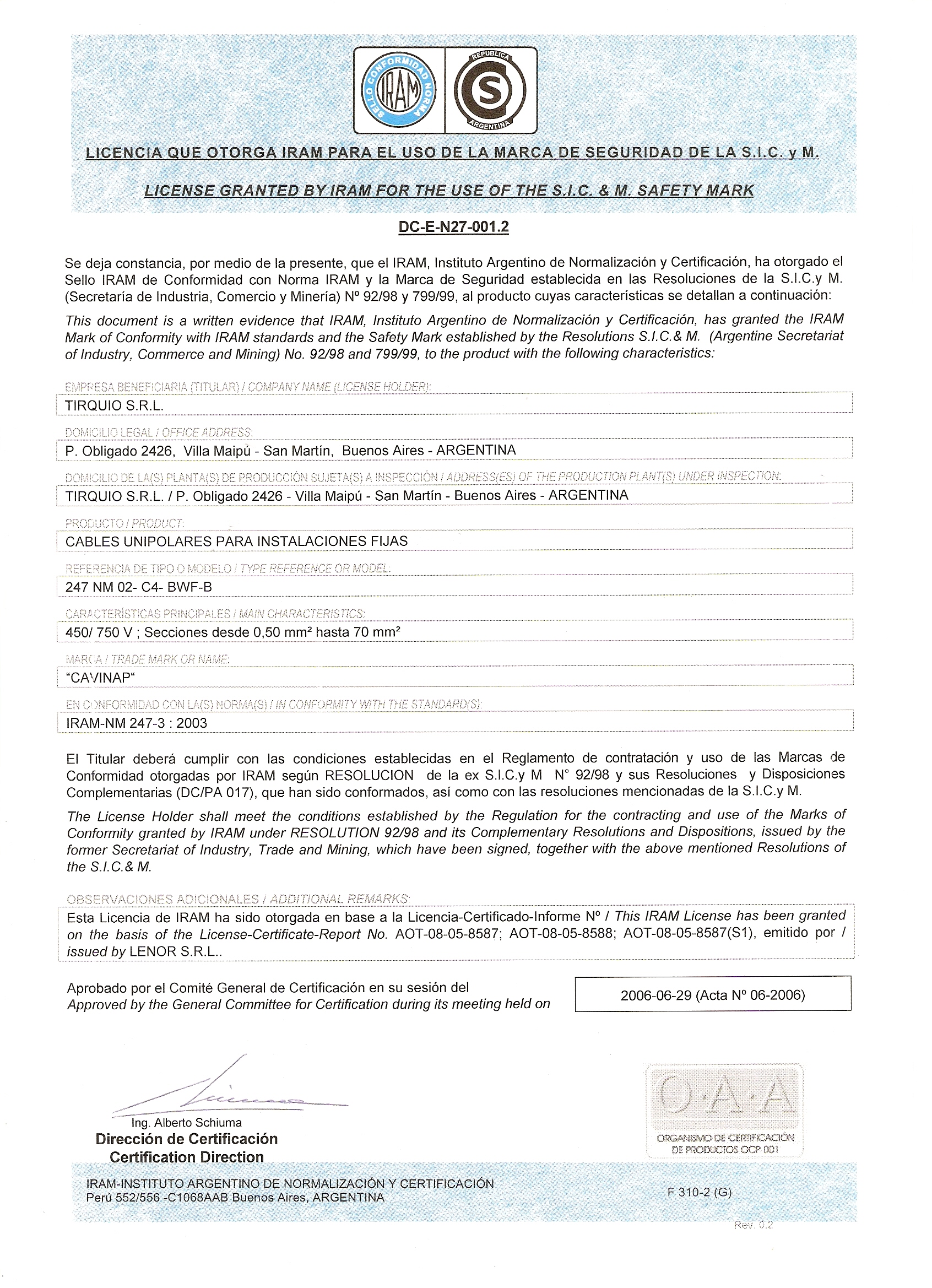 Foto del certificado del Unipolar